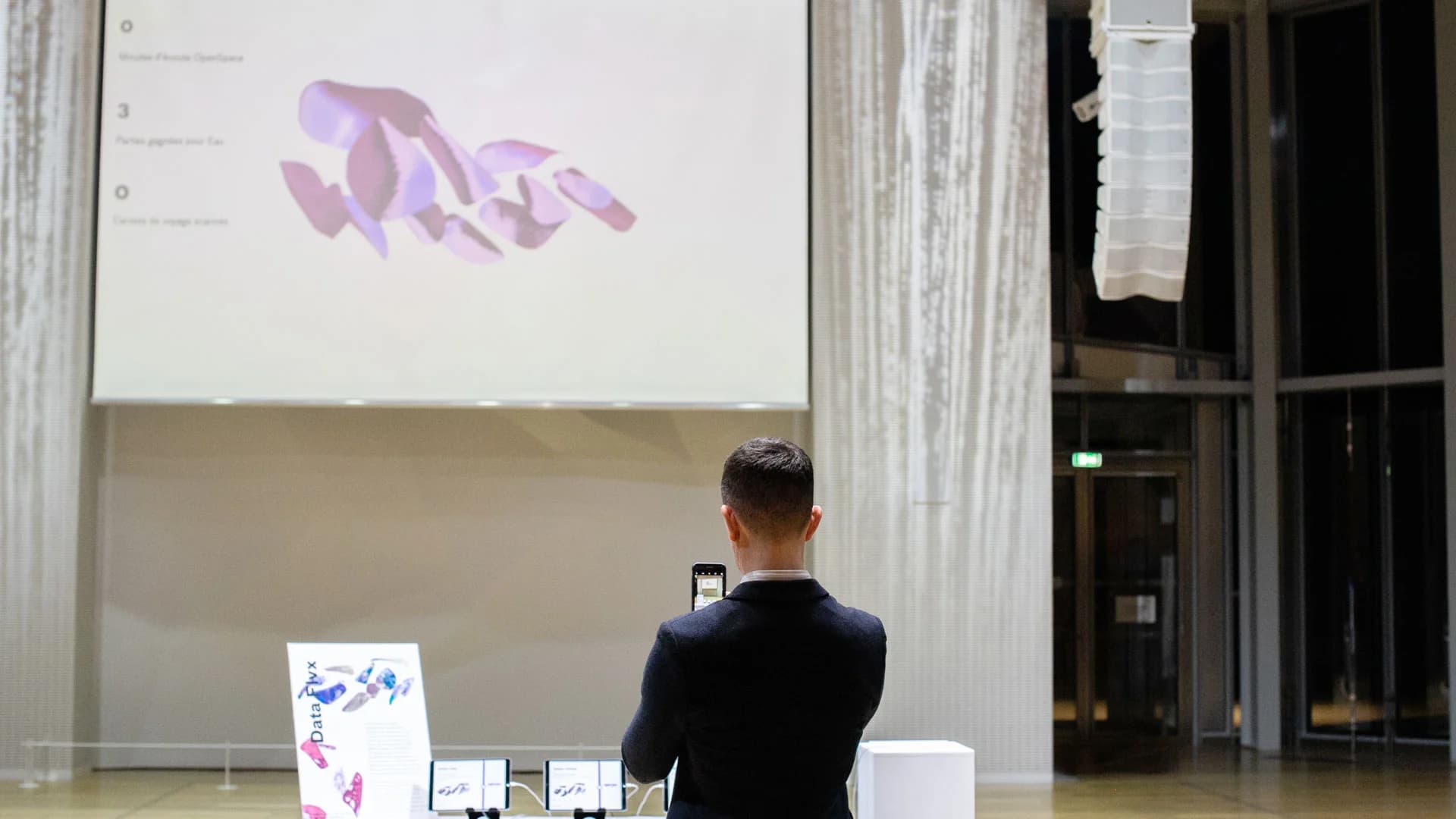 Exhibition view — projection and visitor